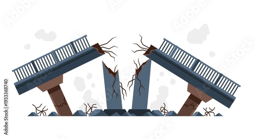 Damaged bridge with cracked pillars and debris.