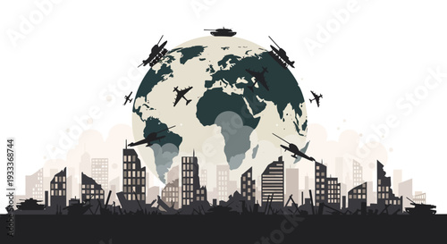 Globalization and Urbanization with Airplanes Flying Around the World.