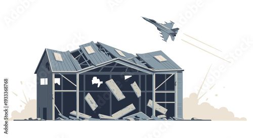 Damaged house with debris and destroyed roof after supersonic jet flyby.