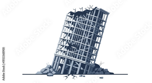 Damaged building structure with debris and destruction.