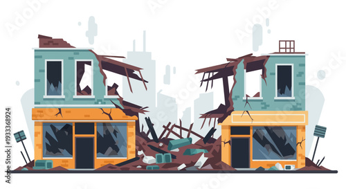 Damaged buildings with debris and destruction in urban setting.