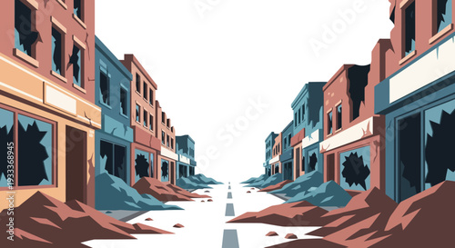 Damaged buildings and debris on a deserted street.