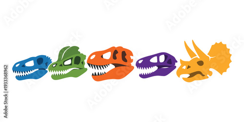 Dinosaur skulls displaying various species like Tyrannosaurus rex and Triceratops, offering illustrations for natural history studies