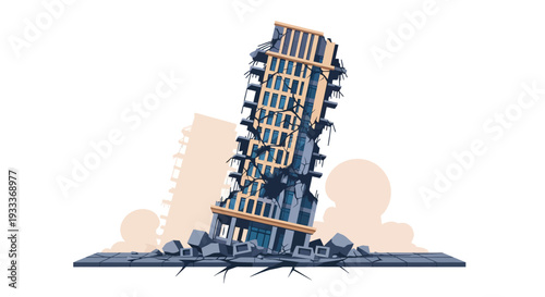 Damaged building with exposed structure and debris.