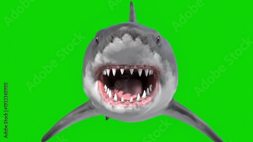 Great White Shark Menacing Attack with Sharp Teeth in Dramatic Close-up on Green Screen for Film and Video Production
