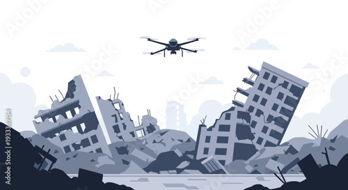 Drone flying over destroyed buildings after natural disaster.