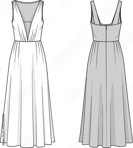Women Deep V Neck Maxi Dress Technical Fashion Flat Sketch Front and Back View Elegant Sleeveless Long Gown Line Art Illustration
