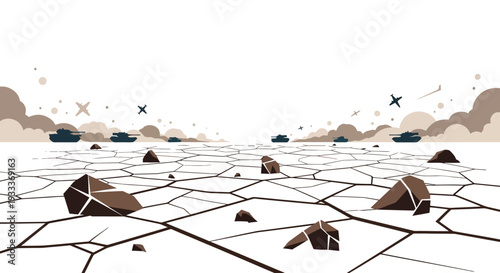 Dry cracked earth landscape with rocks and clouds.