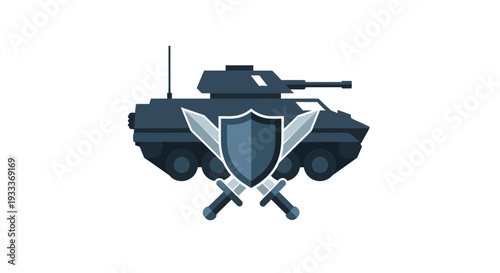 Military Tank with Shield and Crossed Swords Graphic Illustration.
