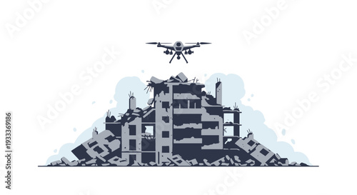 Drone flying over destroyed building after disaster.