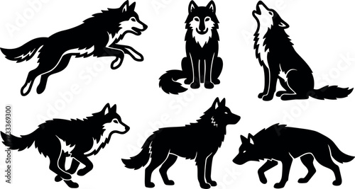 Vector silhouette wolves in various poses howling running jumping sitting stalking standing side view front view bold black isolated collection