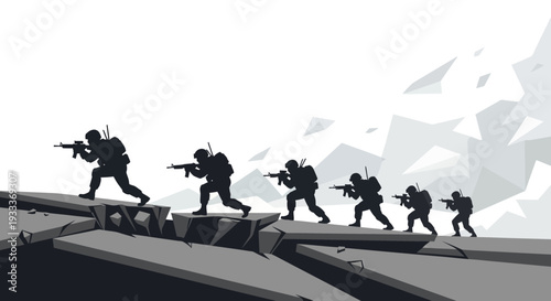 Silhouetted soldiers advancing through rugged terrain.