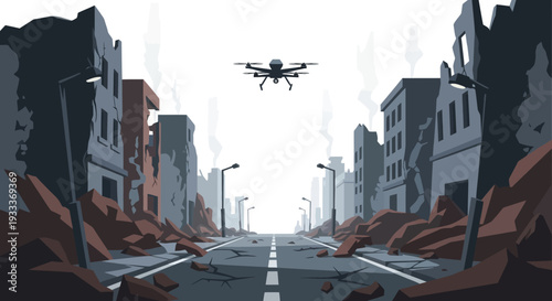 Drone flying over a desolate war-torn city street with destroyed buildings.