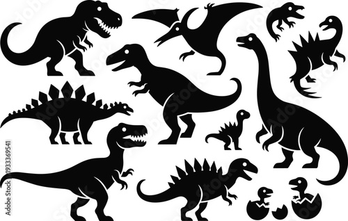 Dinosaur silhouettes collection, prehistoric animal vector icons, jurassic creatures set, cad drawing flat vector illustration, extinct wildlife, black.