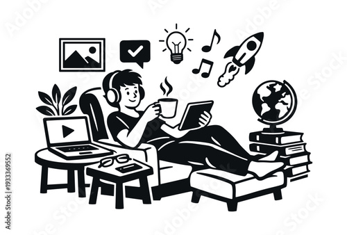Person wearing headphones, holding tablet and a cup of coffee, sitting comfortably at home for remote education and creative work
