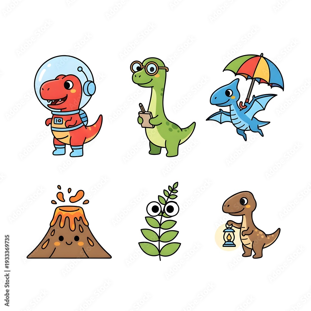 Naklejka premium Cute Dinosaur Icon Set with Funny Characters and Volcano