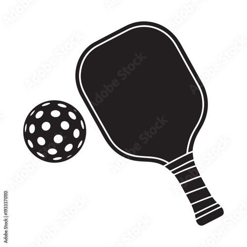 Black pickleball paddle and perforated ball sports equipment racket