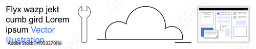 Cloud management, digital tools, technology development, IT infrastructure, innovation, and data processing. A wrench next to a cloud and a digital interface design. Cloud management and digital