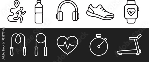 Fitness and exercise icons including headphones and heart rate