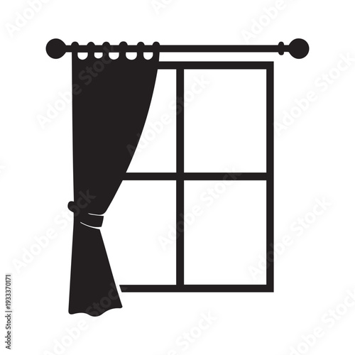 Black silhouette of a window with curtain tied back white