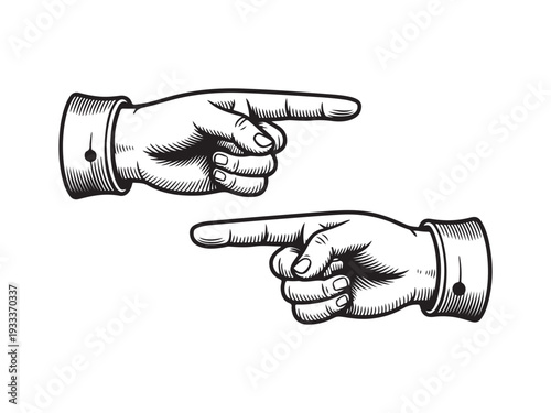 Two hands with cuffs pointing fingers in opposite directions black and white
