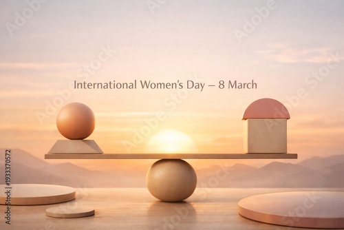 International Womens Day concept with balance scale and sunrise background, equality 
