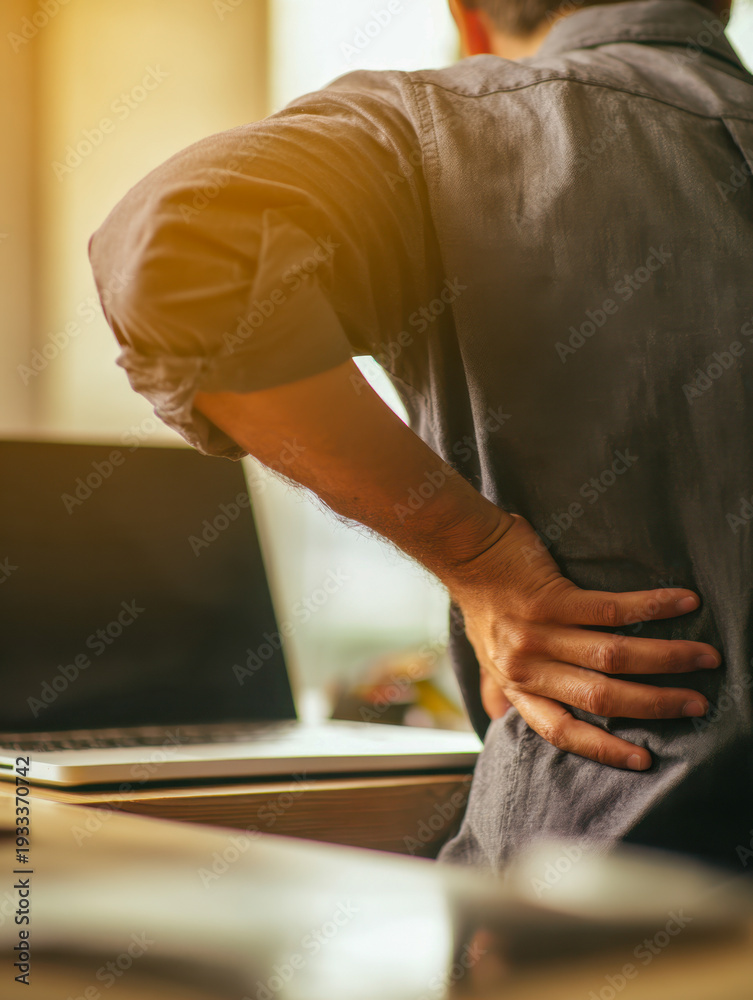 Naklejka premium Man in casual shirt sitting at desk holding lower back in pain with laptop on wooden table during daytime in cozy office environment