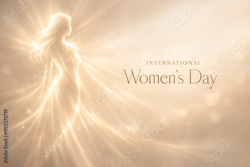 International Womens Day, glowing woman with sun rays, golden background
