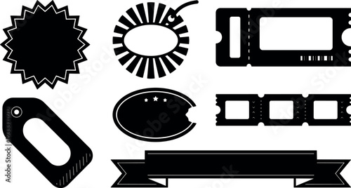 Flat design vector ticket label and ribbon badge set with vintage ticket shapes close up isolated black silhouettes top view