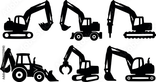 Flat design silhouettes of multiple excavators side view with buckets arms and tracks on construction site midday lighting bold
