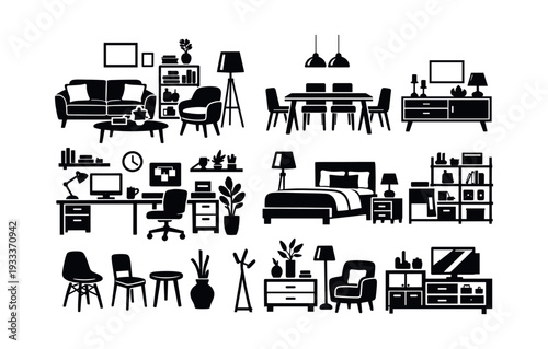 Diverse collection of furniture icons representing items for living rooms, dining rooms, bedrooms, and offices, depicting interior design