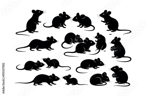 Vector set of small black rats in various poses, depicted as mouse silhouettes, representing pests, vermin, and animal symbols