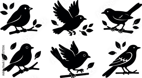 Flat design bird silhouette set six icons perched and flying on branches with leaves simple black vector minimalist collection ornamental