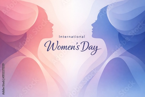 International Womens Day background, silhouette of two women heads in pink and blue g