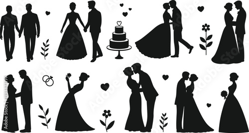 Wedding couple silhouettes collection, bride and groom vector icons, romantic marriage elements, cad drawing flat vector illustration, black.