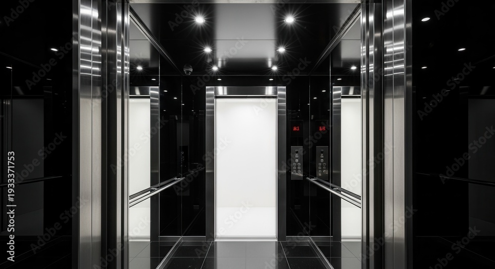 Fototapeta premium Modern Elevator Interior with Polished Surfaces and Architectural Symmetry in Black and White