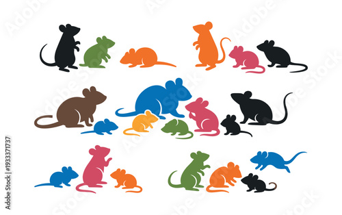 Mouse and rat animal vector silhouettes grouped in families, showing different colors and poses, representing various small rodents
