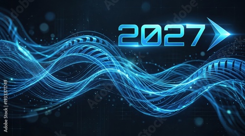 Abstract 2027 technology wave with arrow on dark blue background. Digital future concept.