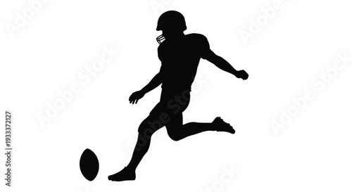 Silhouette of a football player kicking a ball against a white background