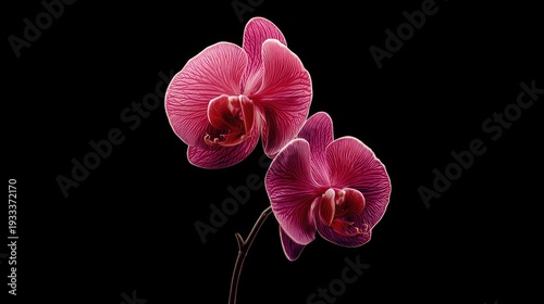 Vibrant magenta orchid blooms contrast sharply against a deep black background