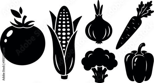Flat design vegetable icon set tomato corn onion carrot broccoli bell pepper black silhouette simple vector art background minimal side view