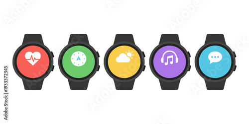 Line of smartwatches displaying various application icons for health tracking, location services, weather updates, audio, and communication