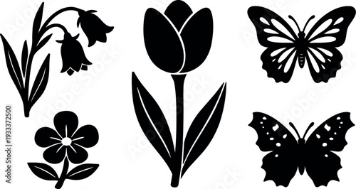 Silhouette vector close up tulip bellflower and simple wildflower with two butterflies arranged on white background minimal composition clean decorative
