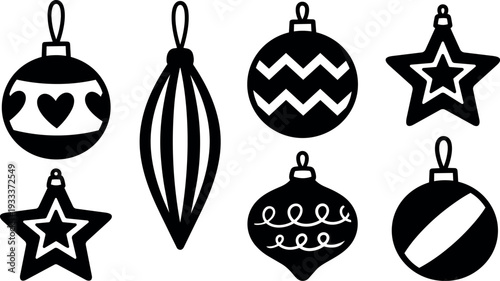 Flat design black and white christmas ornament icons hanging close up assortment of star heart bauble and teardrop vector set