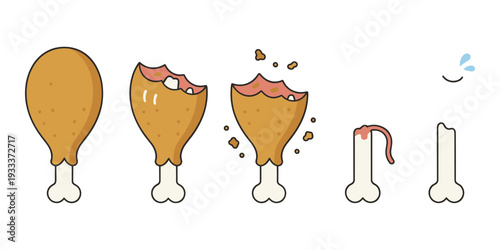 Fried chicken drumstick transforming from whole to a clean bone in a sequence, illustrating the eating process of a fast food meal