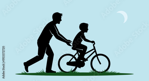 Father Teaching Son to Ride Bicycle Silhouette.