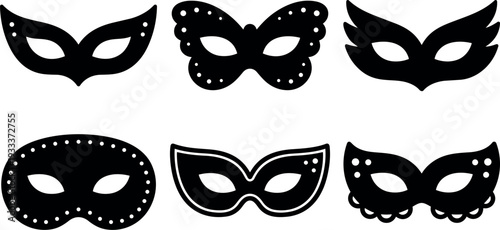 Flat vector set of six decorative masquerade masks in varied shapes close up black silhouettes for carnival and party mood