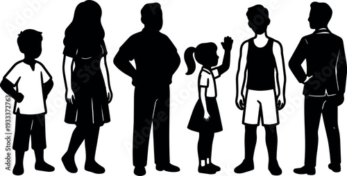 Flat vector silhouette lineup of diverse people children and adults standing side view with neutral posture and simple black contrast