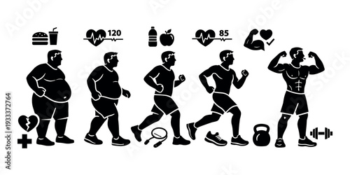 Man transitioning from unhealthy to fit, demonstrating body transformation, fat loss, muscle gain, and improved wellness journey