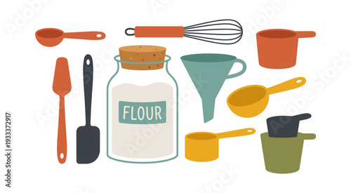 Kitchen utensils collection for baking, featuring a flour jar, whisk, funnels, spatulas, and various measuring spoons and cups